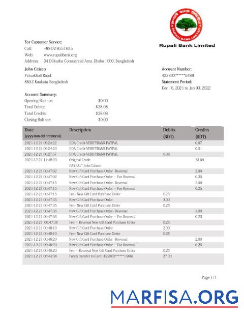 Blank Bangladesh Rupali bank statement word template